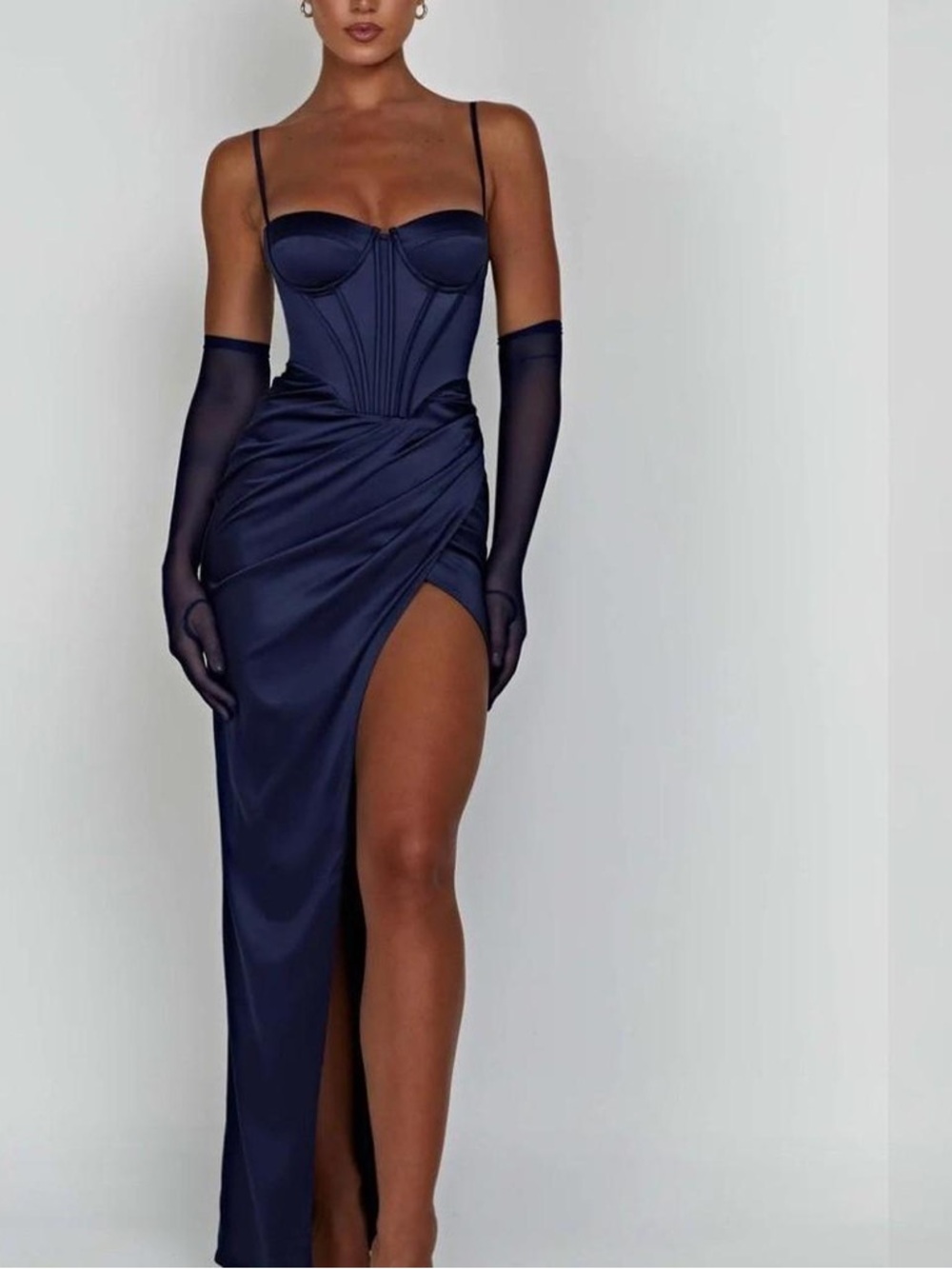 Midnight Navy Corset High-Slit Satin Evening Dress